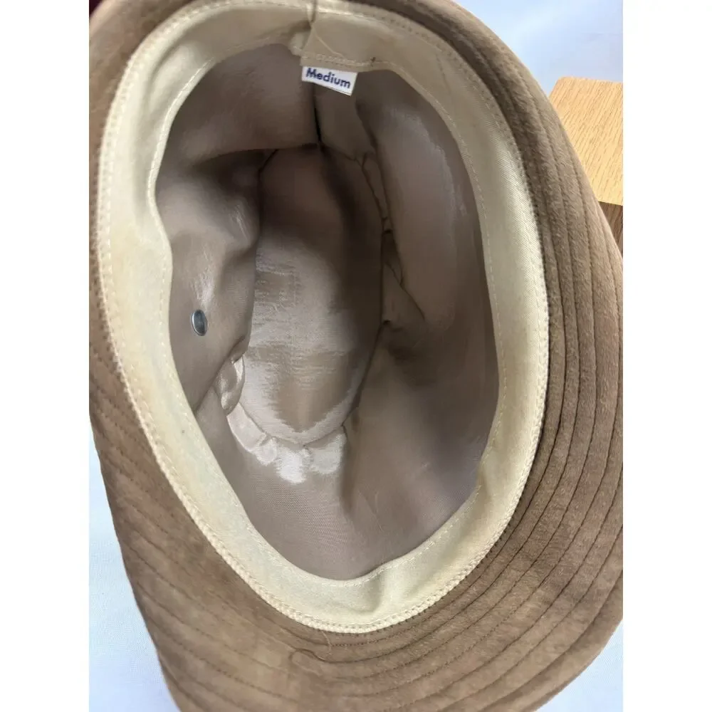 Vintage 90s Tan Suede Look Bucket Cloche Hat Minimalist Boho City Chic Medium - Picture 6 of 6